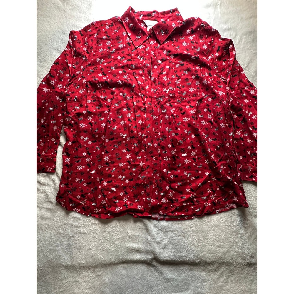 CJ Banks Red Scottie Dog Snowflake Button Down Shirt Womens 2X Holiday Rayon -26